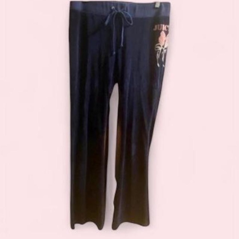 Y2K RARE Juicy Couture Navy Velour Pants Flare Leg Butterfly Logo Medium